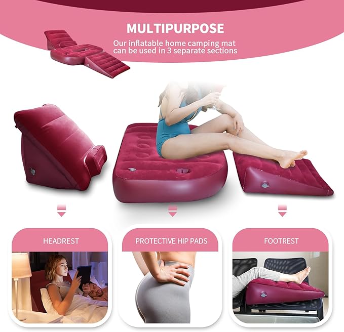 Nevife Inflatable 3pcs Bed Wedge Pillow Set with Hole-Reading Pillow&Back Support,Leg Pain Relief,Adjustable Pillows for Acid Reflux,GERD,Sleeping,Leg,Back Support-Restful Sleep and Travel (red)