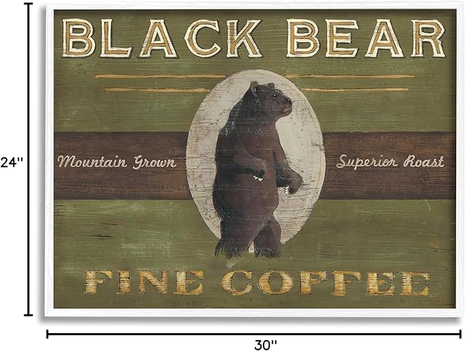 Stupell Industries Black Bear Fine Coffee Rustic Kitchen Mountain Animal, Designed by June Erica Vess White Framed Wall Art, 24 x 30, Green