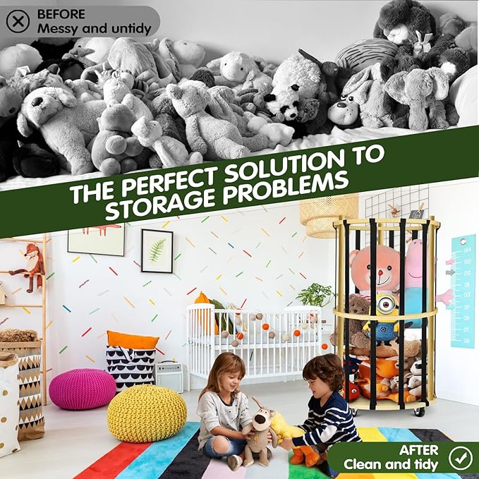 Stuffed Animal Storage, Wood Stuffed Animals Zoo Storage Cage Organizer with Wider Elastic Band and 360° Wheels,Vertical Animals Toy Organizer for Nursery Playroom and Bedroom