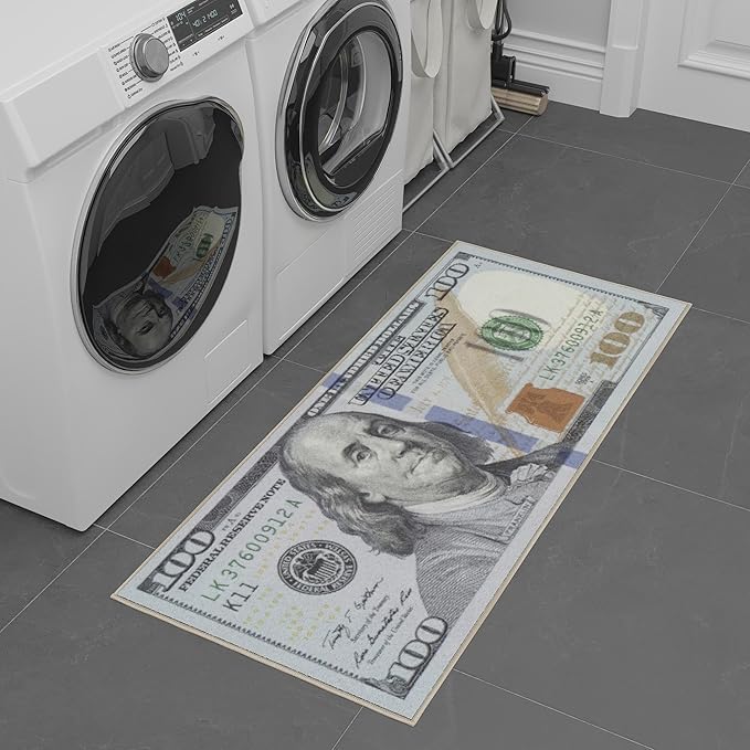 Machine Washable $100 Bill Design Non-Slip Rubberback 22x53 Modern Runner Rug for Hallway, Kitchen, Bedroom, 22" x 53", Multicolor