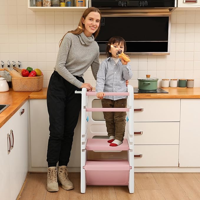 SDADI Multifunctional Toddler Tower with Double Safety Rails - Adjustable & Non-Slip for Kitchen and Bathroom Use - Montessori Step Stool for Kids, Beige and Pink