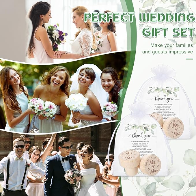 Barydat 50 Sets Wedding Favors for Guests Bulk Engraved Wood Wine Bottle Corks Wine Stopper with Wedding Thank You Cards and Organza Bags Wedding Appreciation Gifts for Guest Thank You Gifts (Classic)