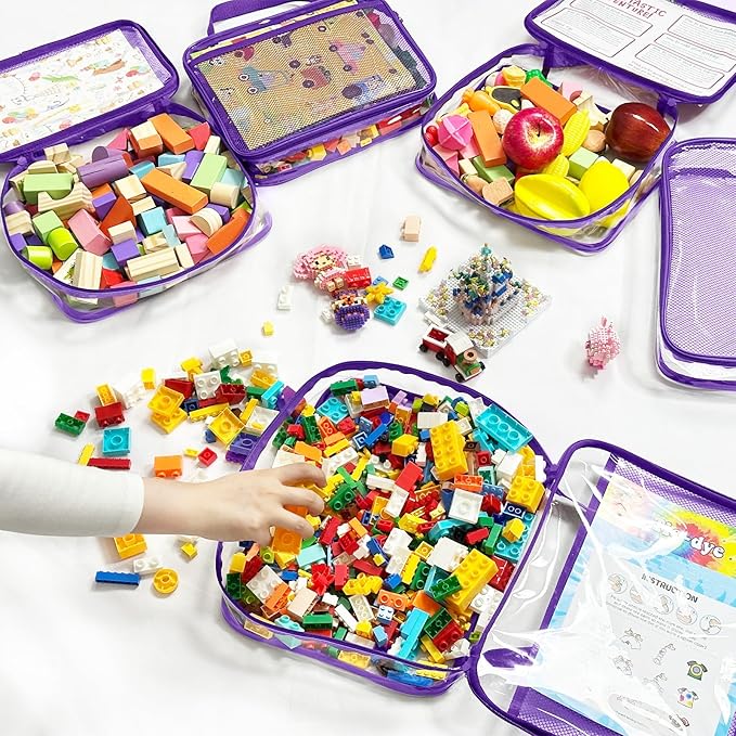 VERONLY 4 Packs PVC Toy Zippered Blocks, Travel Storage Case Bags for Organizing, Waterproof Toy Storage Bags with Mesh Pockets for Building Blocks, Puzzles, Clays,Toy Cars 11.8" Lx3 Wx9 H (Purple).