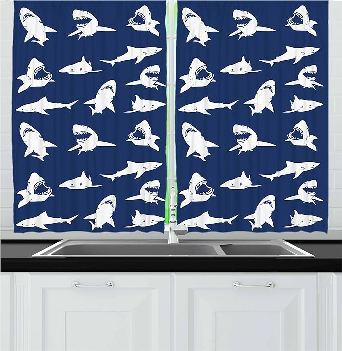 Ambesonne Shark Kitchen Curtains, Shark Pattern with Various Gestures Have a Bite Danger Humor Nautical Design, Window Drapes 2 Panel Set for Kitchen Cafe Decor, 55" x 24", Blue Violet