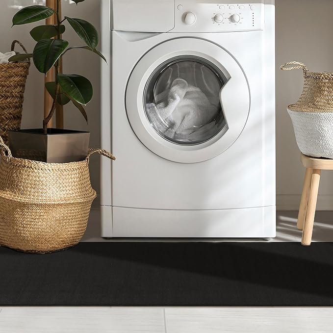 Machine Washable Modern Solid Design Non-Slip Rubberback 3x10 Traditional Runner Rug for Hallway, Kitchen, Bedroom, Living Room, 2'7" x 9'10", Black