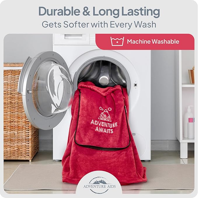 Travel Pillow & Blanket Set - Super Soft 2 in 1 Blankets with Cozy Hand & Feet Pouches Zip into Plush Pillows - Large Size Wraps You in Warmth on Airplanes - Luggage Sleeve & Backpack Clip (Teal/Red)