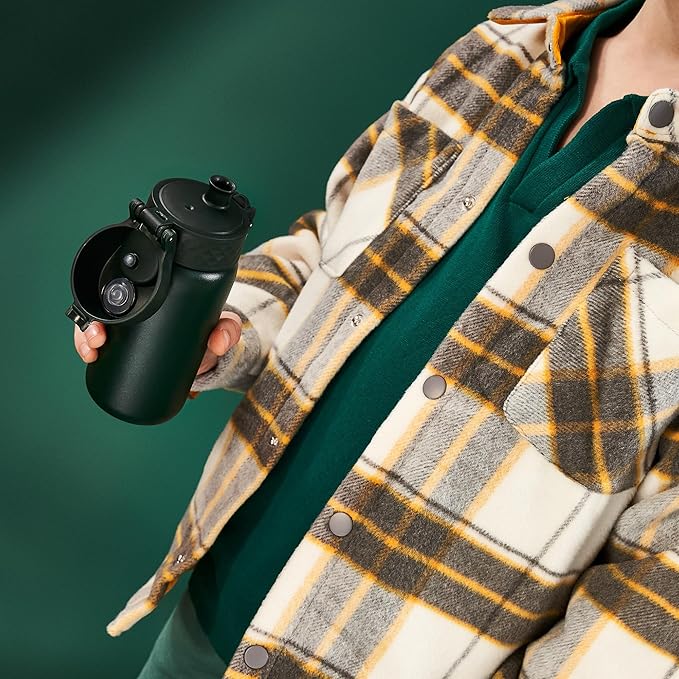 Ion8 Kids Water Bottle, Steel 400 ml/13 oz, Leak Proof, Easy to Open, Secure Lock, Dishwasher Safe, Flip Cover, Carry Handle, Easy Clean, Durable, Scratch Resistant, Carbon Neutral, Dark Green