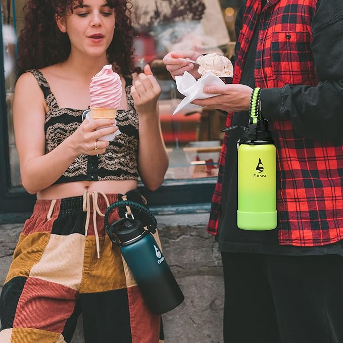 Farsea Insulated Water Bottle With Paracord Handle, Protective Silicone Boot and 2 Lids (Straw Lid & Spout Lid), Stainless Steel Water Bottle Wide Mouth, Double Wall Sweat-Proof BPA-Free, 32 oz