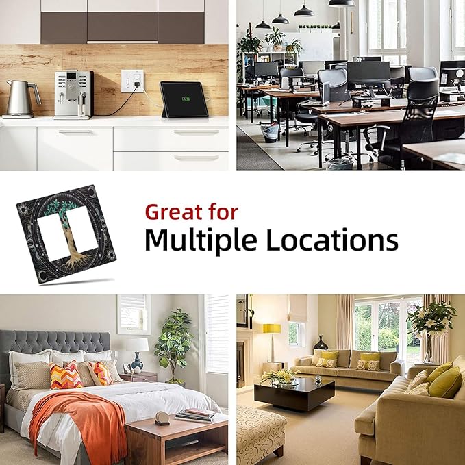 Tree of Life Blackground 2 Gang Rocker Decora Light Switch Cover Decorative Hippie Sun Moon Star Outlet Covers Wall Plate Electrical Faceplate Switchcovers GFCI for Bathroom Bedroom Livingroom Decor