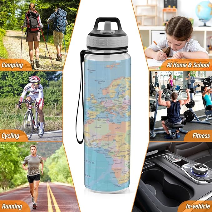Kigai World Map Clear Water Bottle with Straw Lid, BPA-Free Leakproof Sport Water Bottle 32oz Large Gym Water Jug for Men Women Travel Fitness Outdoor