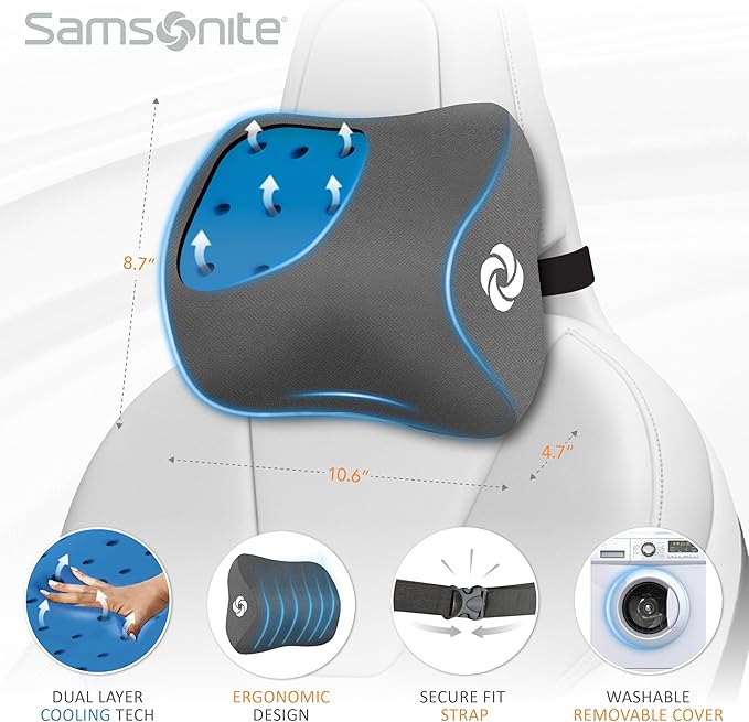 SAMSONITE, Infused-Gel Car Neck Pillow with Airflow Memory Foam, Headrest Support Cushion for Driving, Universal - Fits Any Vehicle, Including SUVs and Trucks, Washable Cover, Large Size, Gray…