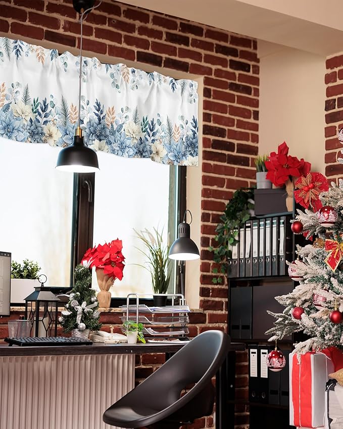 Blue Christmas Poinsettia Valance Curtains for Kitchen Windows Winter Eucalyptus Leaves Rod Pocket Window Treatment Toppers for Kitchen/Living Room/Bedroom/Bathroom, 60" X 18",