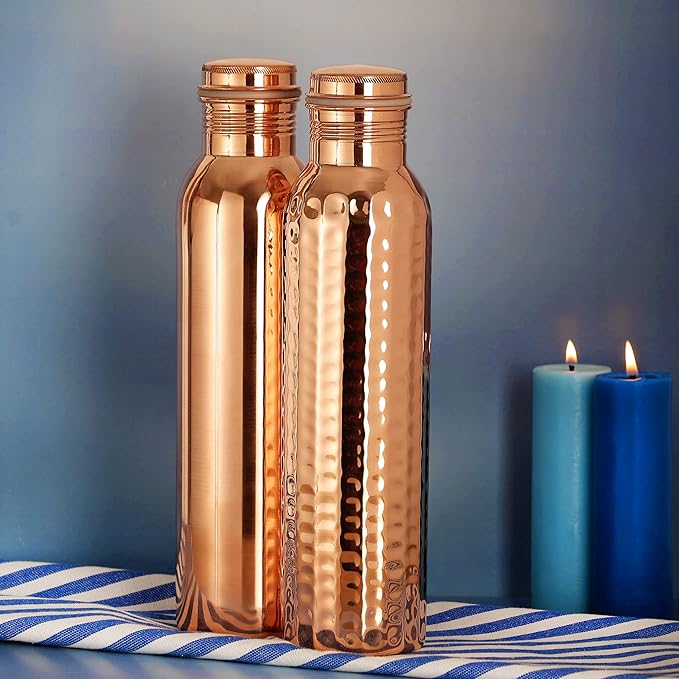 Set of 2 Pure Copper Water Bottles, UNLINED, UNCOATED and LACQURE FREE for Ayurvedic Health Benefits 1000 ML