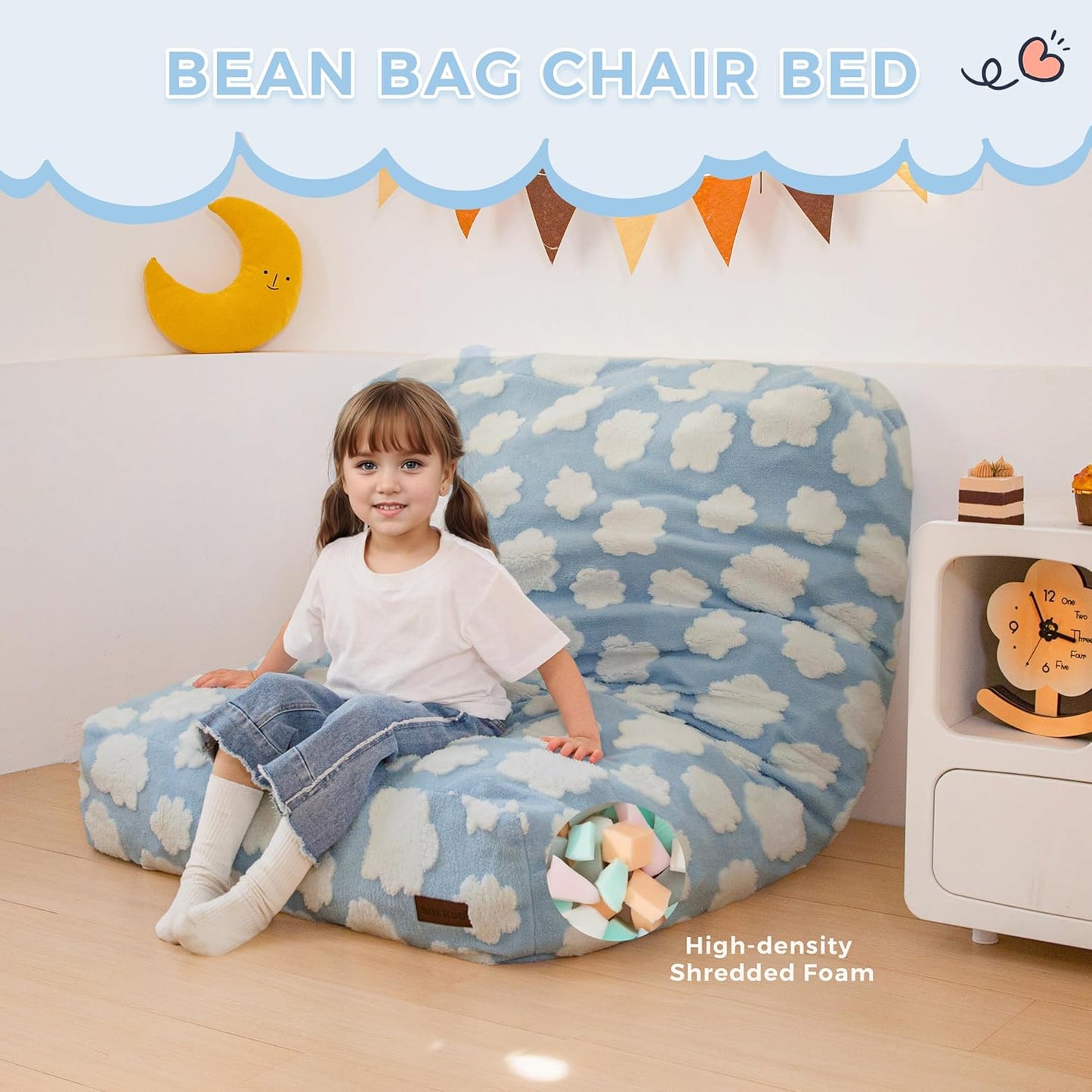 MAXYOYO Bean Bag Chair Bed for Kids, Convertible Bean Bag from Lazy Chair to Floor Bed, Fresh Cloud Design Cover, Stuffed Floor Sofa Couch for Boys and Girls, High-Density Foam Filling, Blue