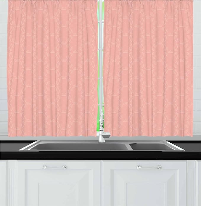 Ambesonne Peach Kitchen Curtains, Soft Colored Background with Crowns and Floral Abstract Motifs with Faded Look Monochrome, Window Drapes 2 Panel Set for Kitchen Cafe Decor, 55" x 36", Coral