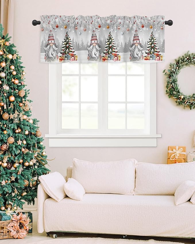 Christmas Gnome Valance Curtains for Kitchen Windows Winter Merry Christmas Tree Balls Rod Pocket Window Treatment Toppers for Kitchen/Living Room/Bedroom/Bathroom, 54" X 18", Grey