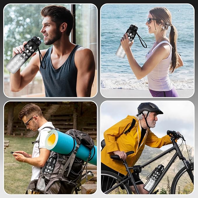 Water Bottle 32 oz, Motivational Sports Water Bottles Tritan BPA Free Water Bottle No Straw With Time Marker, Wide Mouth Leakproof Water Bottle with Strap for Gym Fitness Hiking Bike Camping - Black
