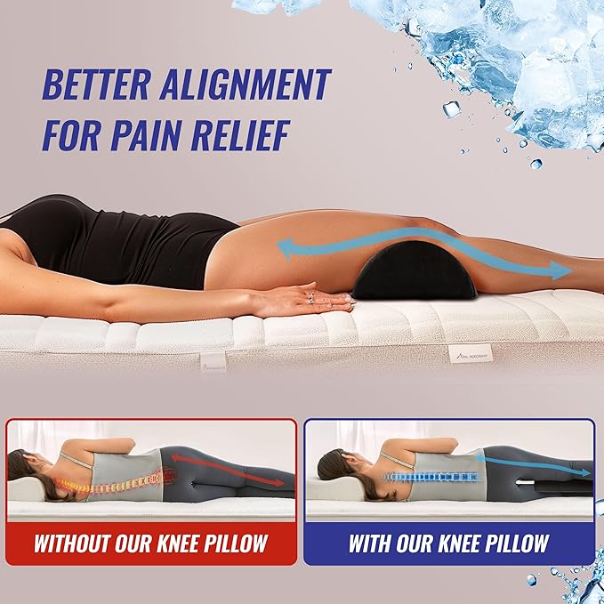 Cooling Knee Pillow for Back Sleeping, Knee Wedge Pillow for Back Pain, Cooling Body Pillow Leg Pillow for Side Sleeping, Knee Bolster Pillow for Legs support, Half Moon Knee Pillow for Back Sleeping