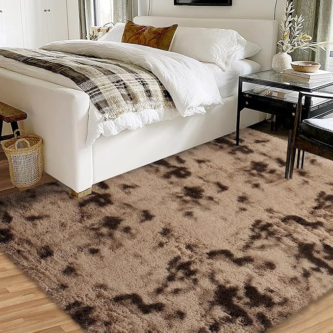 Fluffy Rug for Bedroom, Abstract Shaggy Soft Area Rugs for Living Room Nursery Kids Room, Non Slip Plush Throw Rug, Indoor Modern Floor Carpets for Dorm Office Kitchen, 5' x 8', Tie-dyed Brown