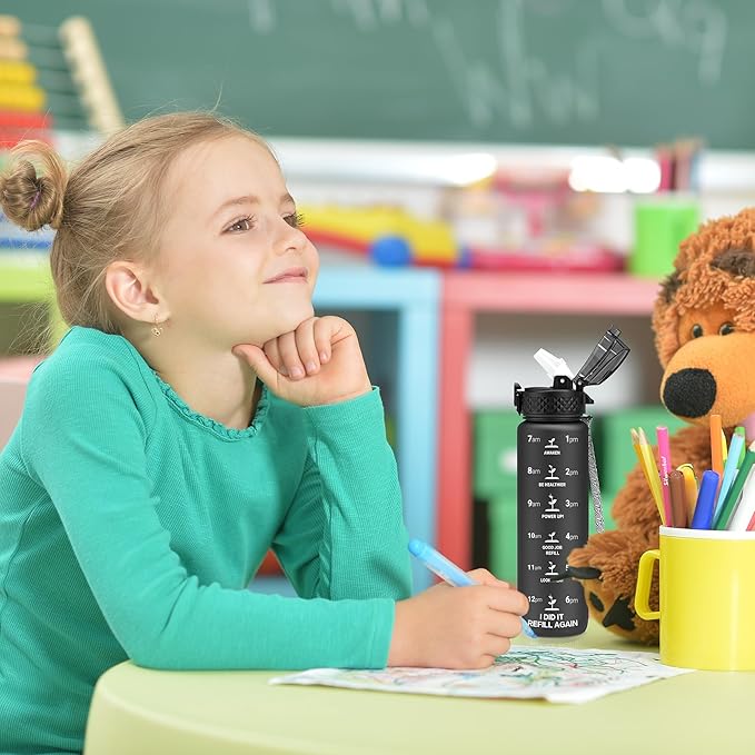 OLDLEY Kids Water Bottle for School, 17 oz (Straw Lid) BPA-Free Reusable Leak-proof Durable Tritan Plastic Water Bottles with One-handed Opening Straw Lids, Anti-dust Spout Cover (Black)