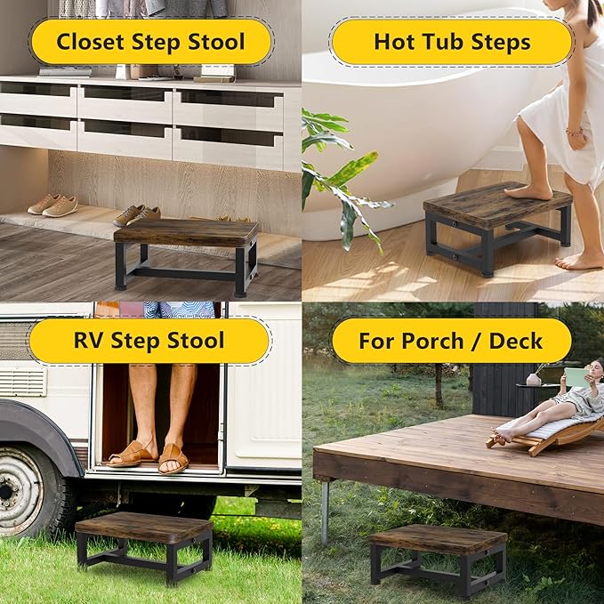 Step Stools for Adults Kids, Sturdy Wooden Stepping Stools with 450LB Capacity, Anti-Slip Bed Steps Stool for High Beds, Foot Stool One Step Stool for Kitchen Bathroom Bedroom, Rustic Brown