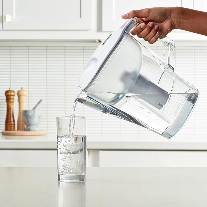 Amazon Basics Water Filter Pitcher for Fridge - 10-Cup Water Pitcher with Filter Compatible with Brita Water Pitchers & Dispensers for Clean, Crisp Water, WQA and NSF Certified, Made in Europe