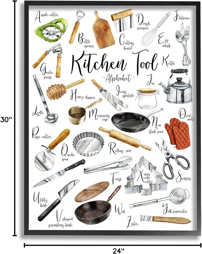 Stupell Industries Kitchen Tool Alphabet Cooking Accessory ABC Chart, Designed by Ziwei Li Black Framed Wall Art, 24 x 30, Multi-Color