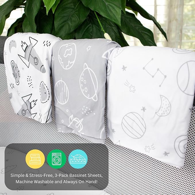 TansyPanda Bassinet Sheets for Cloud Baby, Yacul, Dream On Me Traveler, Skylar, BabyBond, Simmons, 3 Pack, 33x20 in, Ultra Soft, Breathable Snug Fit, Unisex Boys Girls, Gray White (Space Rockets)