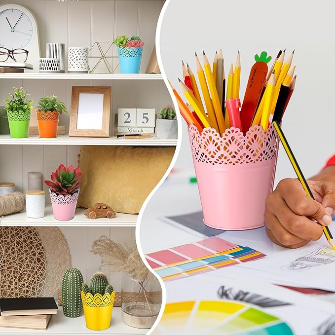 Therwen 24 Pieces Small Metal Buckets with Handle Colored Galvanized Bucket Round Metal Pail for Kids Classroom Candy Crafts,Utensils, Vase Party Favor(4.13 Inch,Hollow Lace)