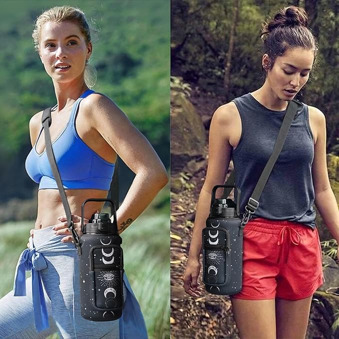 Goth Moon Half Gallon Water Bottle with Sleeve, 64 Oz Water Bottle with Measurements Marked, Leakproof-Free Drinking Water Bottle, Sports Water Bottle BPA Free Half Gallon Water Jugs