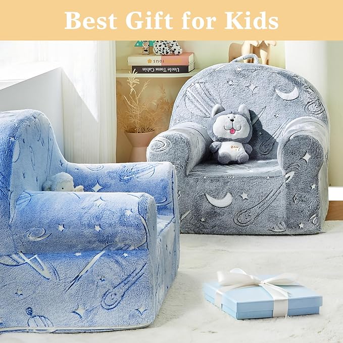 Toddler Chair Sherpa Couch Sherpa Kids Chair, Cuddly Comfy Toddler Plush Chair Toddler Couch Reading Chair for Kids Glow in The Dark Starry Sky Grey