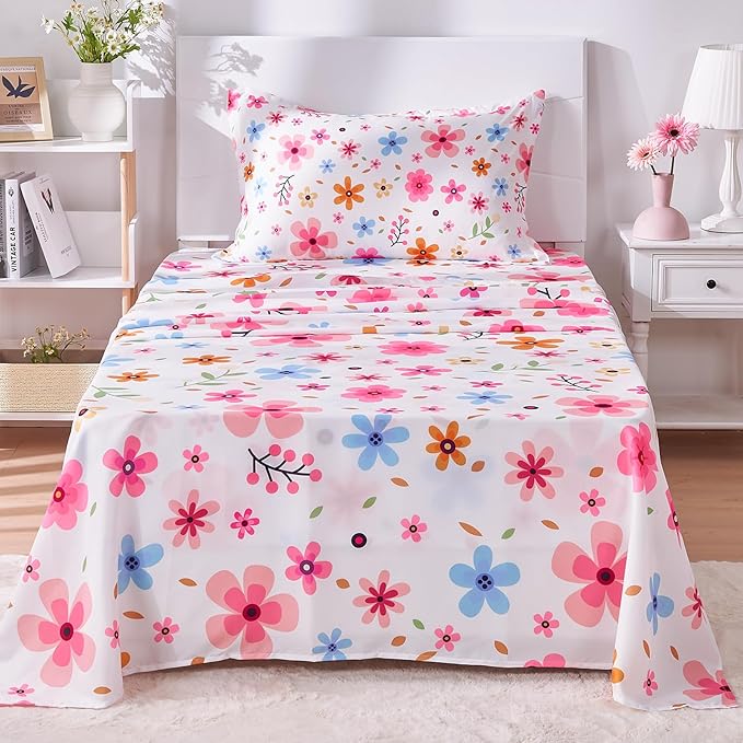 Twin Sheets Set Colorful Floral Bed Sheets Set Girls Cute Soft Microfiber Cooling Sheets 3 Pieces Kids Twin Size Bed Set Wrinkle Free, 15 inch Deep Pocket Fitted Sheet, Flat Sheet, Pillowcase