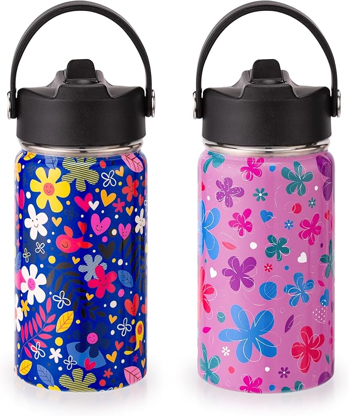 Kids Insulated Water Bottle, 2 Pack 12oz Flower Water Bottles Bulk with Flip Straw & Big Handle, 18/8 Stainless Steel, Gifts for Kids Girls to School Travel Sports, Hands Wash Only, Pink & Blue