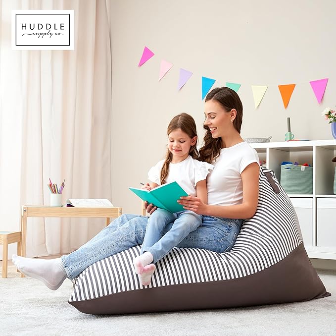 HUDDLE Original Stuffed Animal Bean Bag Storage Large Designer Beanbag Chairs for Kids Teens & Adults | Instant Clutter Clear for Stylish Moms - Stuffed Animal Storage Bean Bag Chair Grey Stripe
