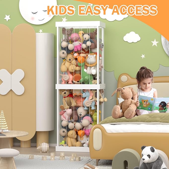 Stuffed Animal Zoo Storage, Large Capacity Wood Stuffed Animal Storage Shelf for Kids, Large Zoo Cage for Stuffed Animals with Elastic Band, Animal Toy Holder, for Nursery Playroom Bedroom Kid Room