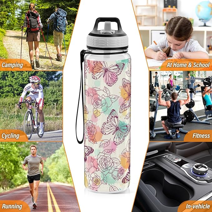 Water Bottle with Straw Butterflies Roses Sports Bottles BPA-Free Tritan Vintage Water Jug with Carrying Strap for Women Men Gym Outdoor Sports