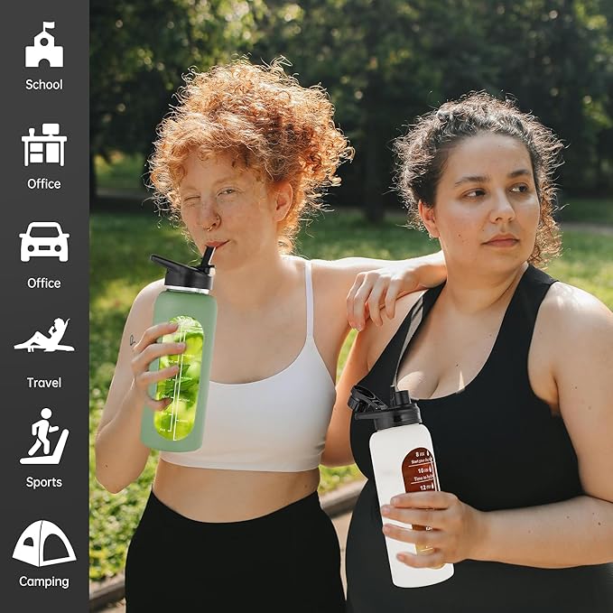 SIEROZUR 32 oz Glass Water Bottle with Straw and Handle Large Sports Motivational Water Bottle with Time Marker and 2 Lids, Leakproof Reusable Water Jug with Silicone Sleeve for Gym