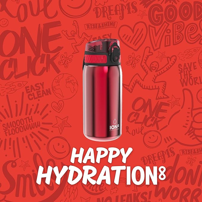 Ion8 Kids Water Bottle, Steel 400 ml/13 oz, Leak Proof, Easy to Open, Secure Lock, Dishwasher Safe, Carry Handle, Hygienic Flip Cover, Odor Resistant, Carbon Neutral, Durable, Metallic Red