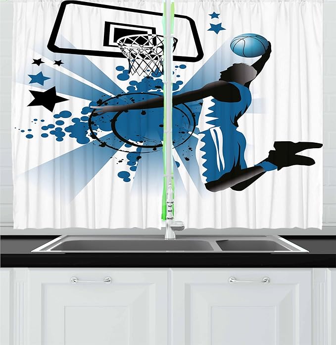 Ambesonne Teen Room Kitchen Curtains, Silhouette of Basketball Player Jumping Success Stars Illustration, Window Drapes 2 Panel Set for Kitchen Cafe Decor, 55" x 24", Blue Charcoal