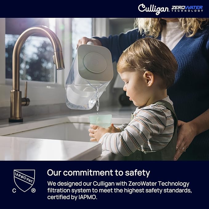 Culligan with ZeroWater Technology 10-Cup Water Filter Pitcher – Includes 5-Stage Advanced Water Filter, IAPMO Certified to Reduce Lead, Total PFAS (Forever Chemicals), Mercury, Fluoride, and Chlorine