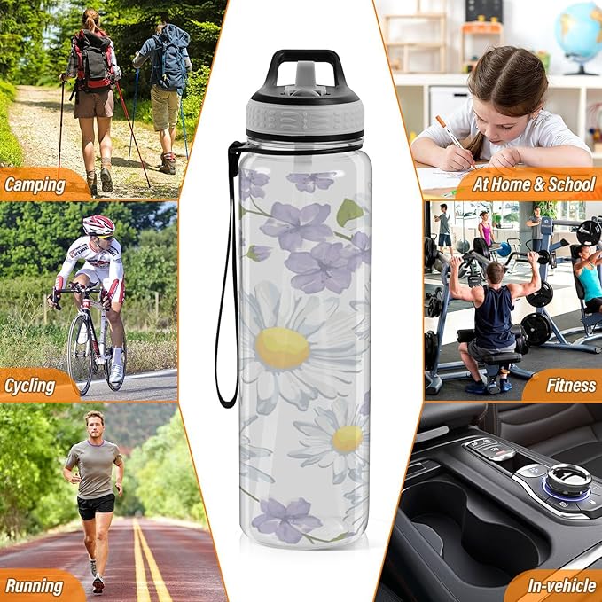 Kigai Daisy Flower Clear Water Bottle with Straw Lid, BPA-Free Leakproof Sport Water Bottle 32oz Large Gym Water Jug for Men Women Travel Fitness Outdoor