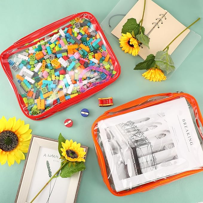 Sanwuta 3 Packs Toy Storage Bags with Zipper, Clear PVC Organizing Bags, Waterproof Toy Bags for Board Games, Building Blocks, Toys and Kids Books (Red, Yellow, Orange,10.24 x 7.09 x 2.36 Inch)