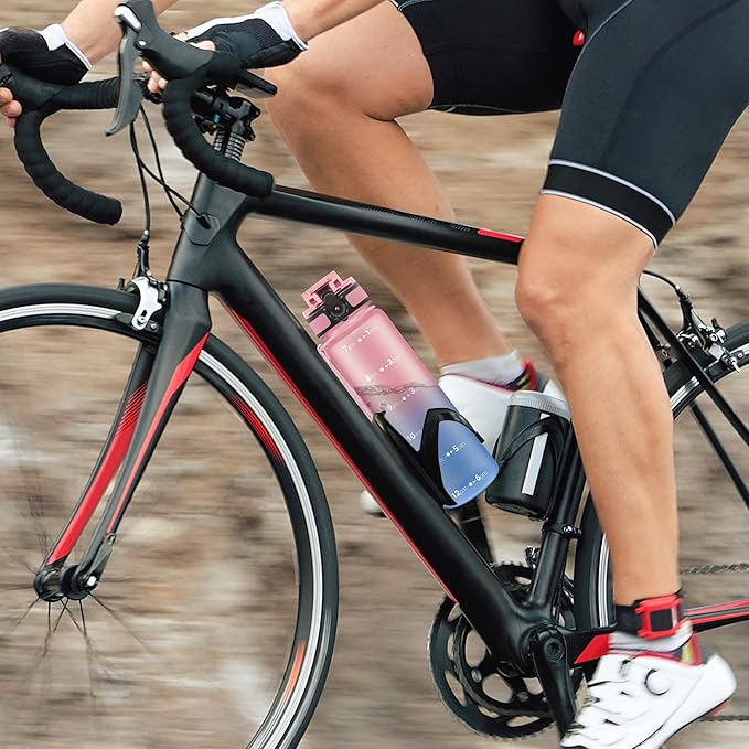 OLDLEY 32 oz Water Bottle, Motivational Water Bottle with Time Marker, Sports Water Bottle With Strap, Leakproof & BPA Free Large Water Bottles for School, Gym, Travel, Outdoor, Tritan,Pink&Blue