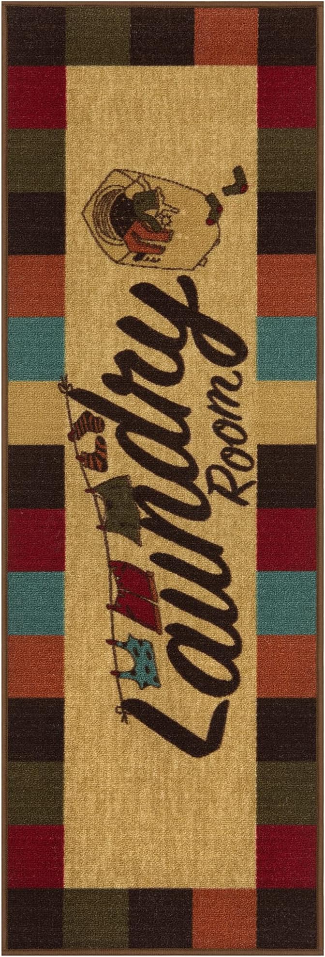Ottomanson Laundry Collection Non-Slip Rubberback Checkered Border Design 2x5 Laundry Room Runner Rug, 20" x 59", Multicolor
