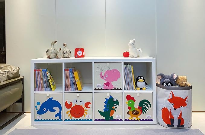 Foldable Animal Cube Storage Bins,Washable Toy Storage Organizer Boxes Bins Baskets for Kids,Boys,Girls,Nursery,Playroom,Storage Chest with Handle & Upgrade PP Partition,13 inch