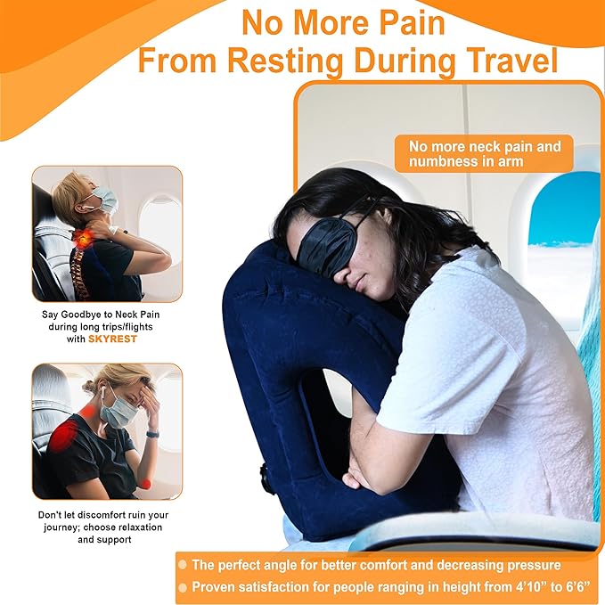 Inflatable Travel Pillow - Airplane Pillow for Neck Support on Long Flights, Buses, Cars, Office & Trains - Comes with Eye Mask, Earplugs & Portable Drawstring Bag -Blue