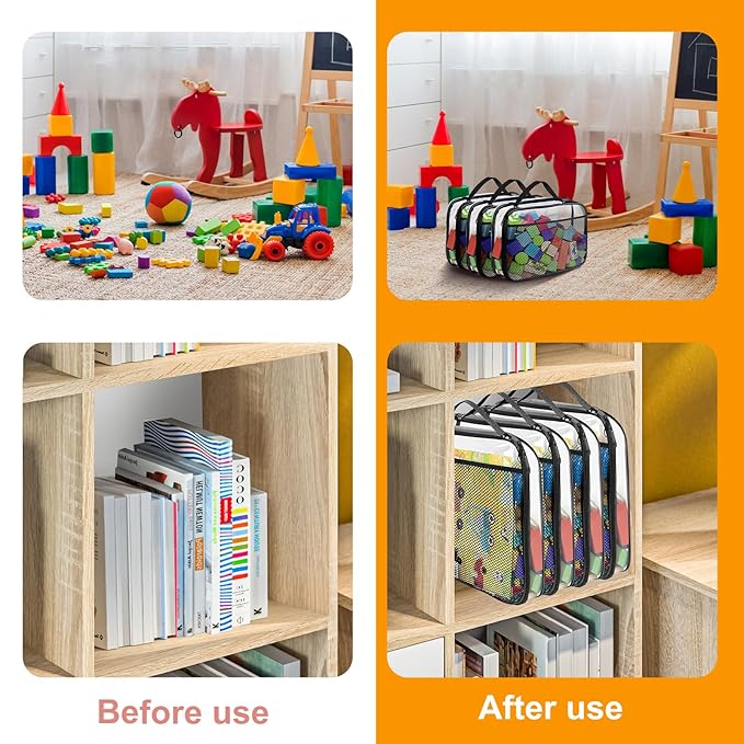 4 Packs PVC Toy Zippered Blocks, Travel Storage Case Bags for Organizing, Waterproof Toy Storage Bags with Mesh Pockets for Building Blocks, Puzzles, Clays,Toy Cars 11.8"Lx3" Wx9" H (Black).