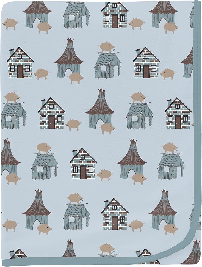 KicKee Print Swaddle Blankets, Silky Soft Baby Blanket, 40” x 29” (Illusion Blue Three Little Pigs - One Size)