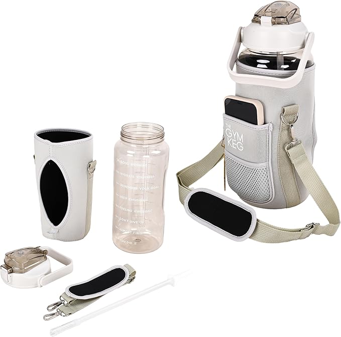 THE GYM KEG 74oz Large Water Bottle with Carrier - Water Bottles with Strap for Gym, Workout or Sports - Daily Water Jug for Men and Women - Neoprene Sleeve - Cream - 11.6x5.3 inch