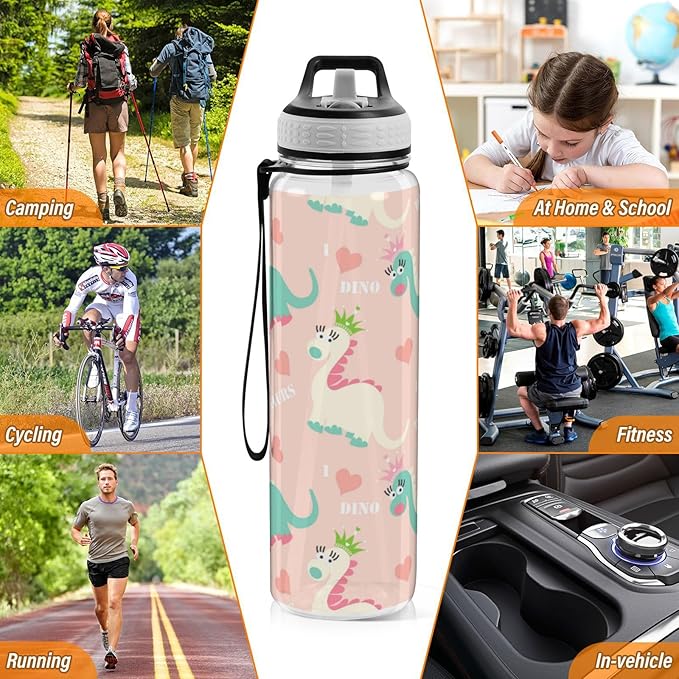Water Bottle with Straw Kawaii Dinosaur Pink Sports Bottles BPA-Free Tritan Water Jug with Carrying Strap for Women Men Gym Outdoor Sports